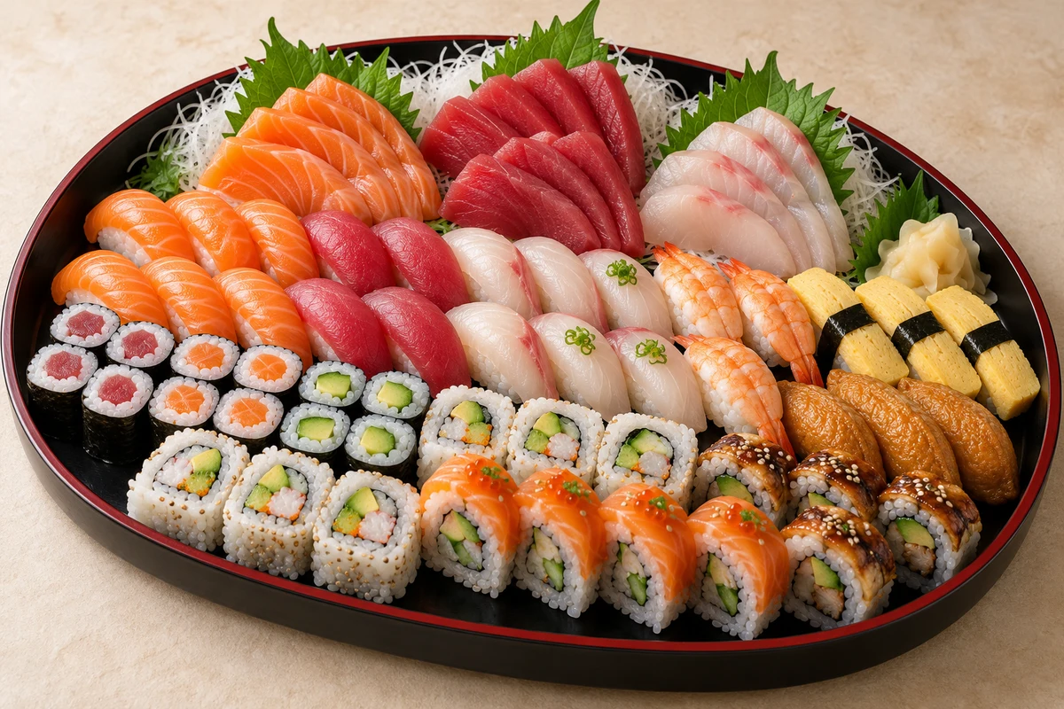 An abundant sushi and sashimi party tray, reference image